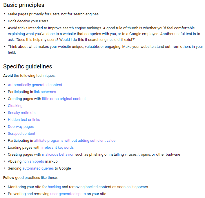 guidelines fra Googles Webmaster side